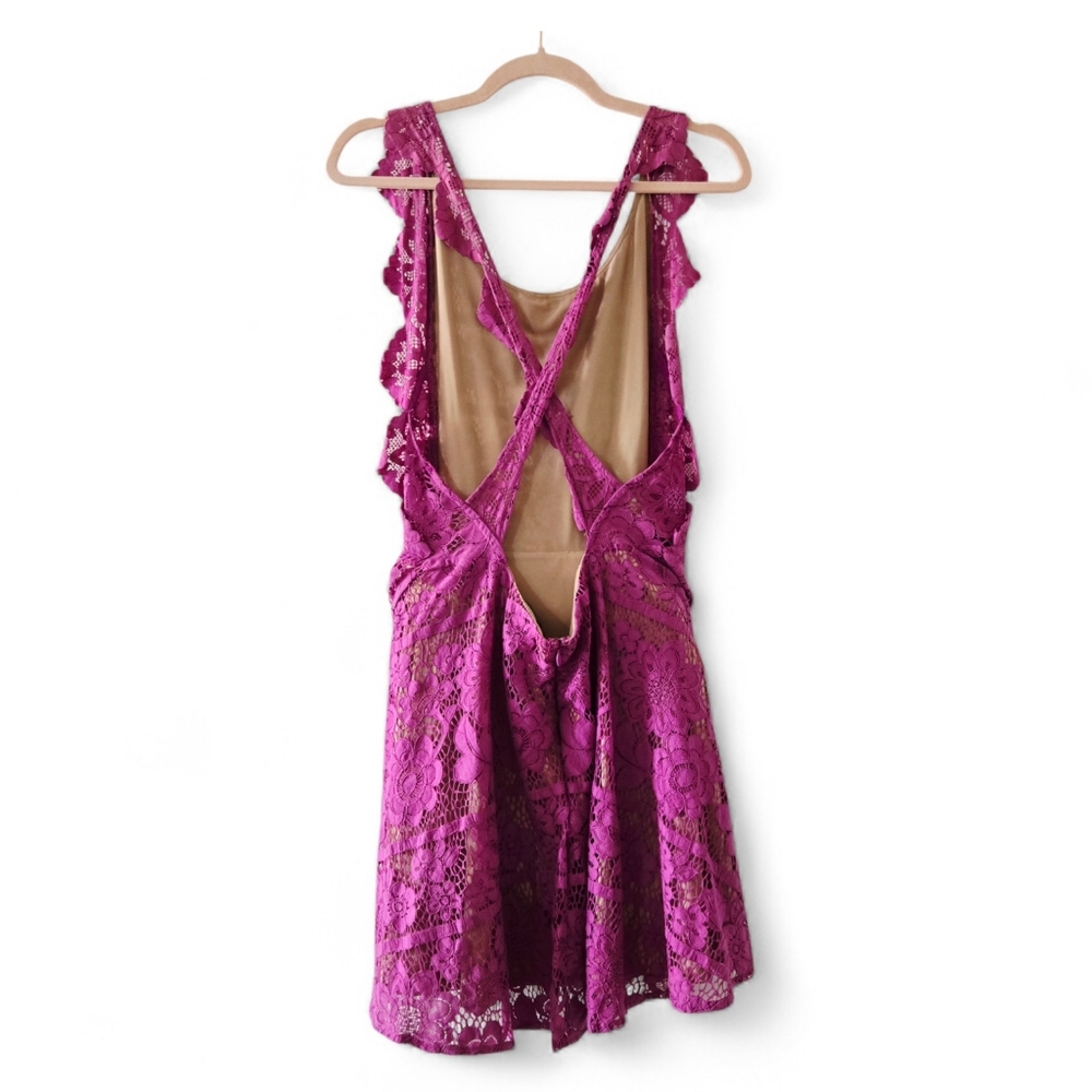 For Love & Lemons Gianna Lace Criss Cross Backless Mini Dress Pink Purple Medium - Picture 3 of 9